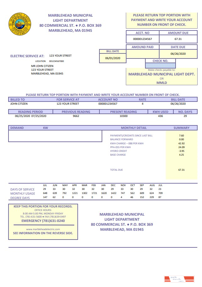 USA Marblehead Municipal Light Department utility bill template in Word and PDF format